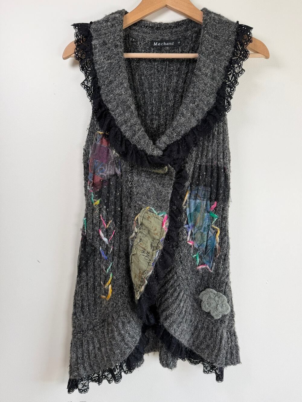 Mechant Knit Patchwork Lace Trim Boho Sleeveless Cardigan Vest Gray Size mall